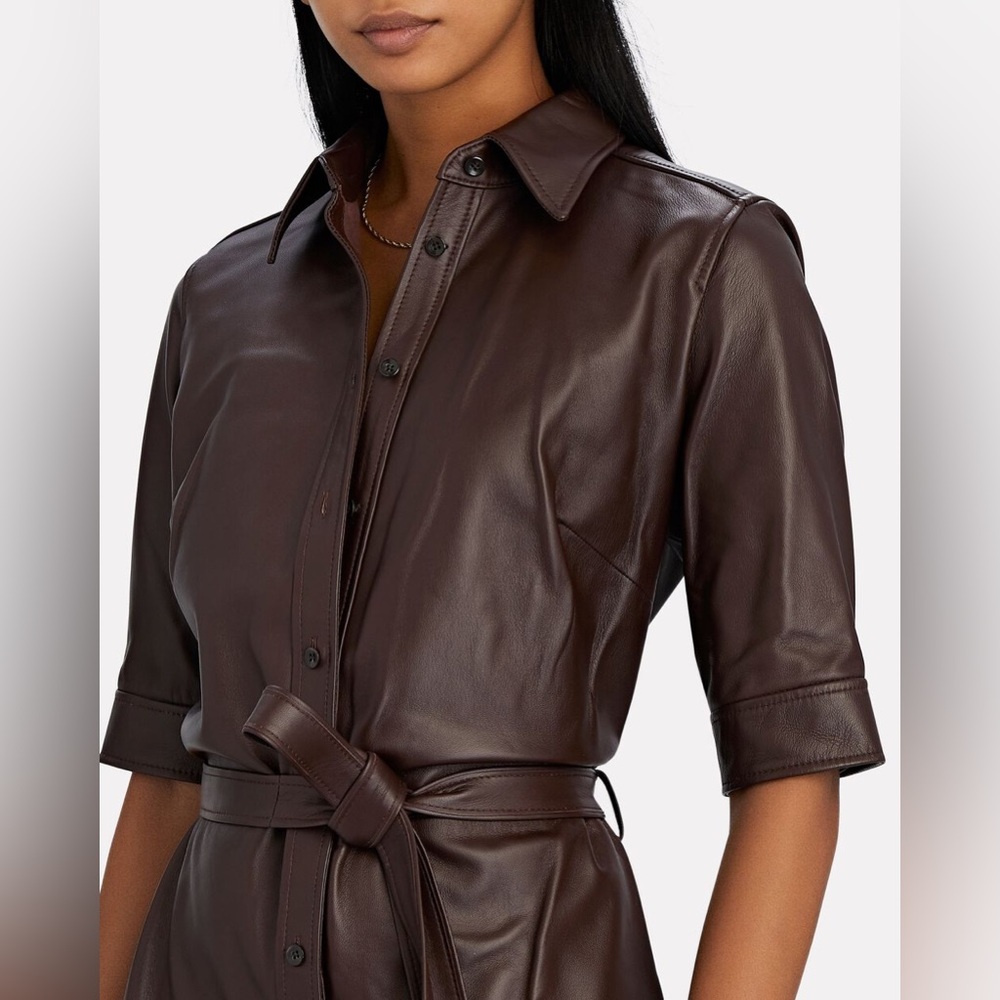 FRAME 70s Leather Midi Shirt Dress in Brown size Small